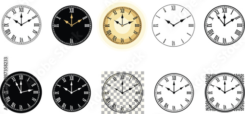 Elegant collection of vintage clock faces featuring roman numerals in various black white and gold styles for classic timekeeping designs