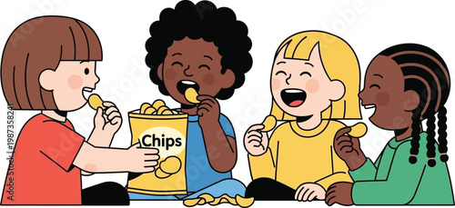 Diverse children enjoy eating potato chips from a large bag, happy friendship snack time