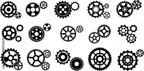 Large collection of black gear and cogwheel vector silhouettes in various configurations for industrial machinery engineering and technical process designs.