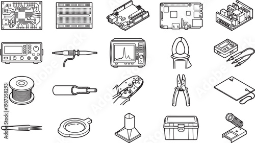 A meticulously curated assortment of essential electronic components, each item rendered in crisp monochrome. A visual inventory of tech, ideal for illustrating hardware.
