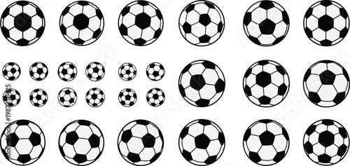 Large collection of classic soccer ball vector icons in various sizes and perspectives for sports competition equipment and tournament designs.