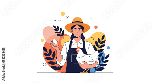 Cheerful female farmer wearing a hat and apron holds a white chicken and an egg against a colorful abstract background.