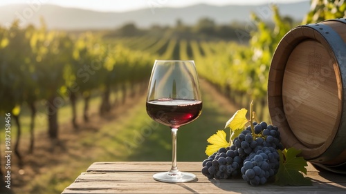 Red Wine Glass in Vineyard at Sunset with Grapes and Barrel, Scenic Countryside Landscape