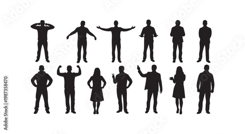 Silhouettes of eleven men and women in various poses like dancing waving and flexing arms vector illustration.