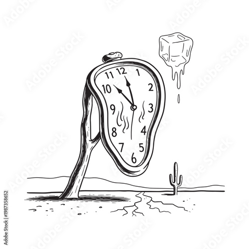 A surreal desert scene with a melting clock and ice cube