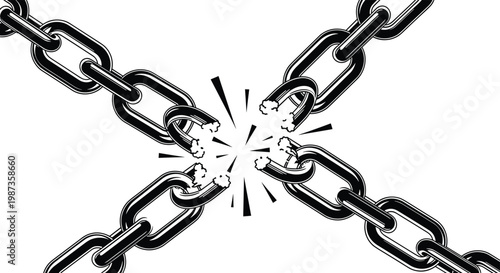 Dramatic illustration of heavy metal chains being broken apart with sparks flying in the center against a white background.