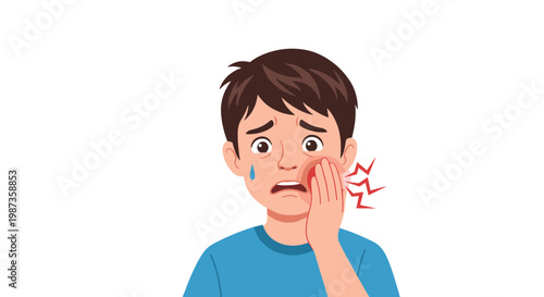 Young boy with a distressed expression holds his red and swollen cheek to indicate a painful toothache or dental problem.