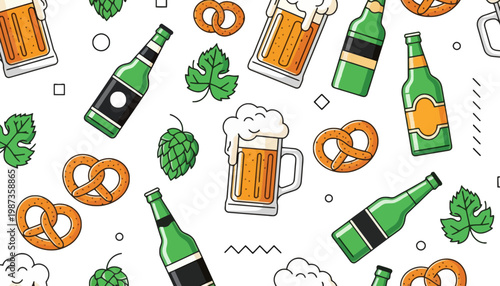 A beer bottle vector illustration with pretzels and hops on a white background