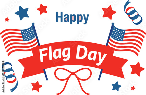 Flag Day USA poster vector graphic, June 14 American national holiday celebration banner, patriotic design with US flag colors, stars, stripes, and festive composition, modern illustration for print.