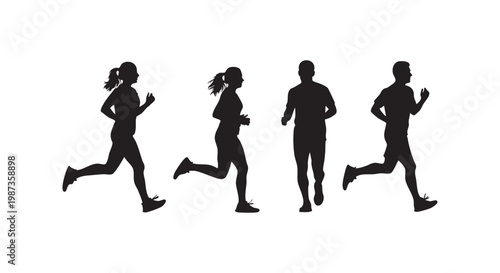 Silhouettes of men and women running and jogging in motion, depicting fitness and active lifestyles.