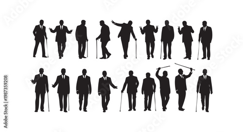 Silhouettes of men in suits with canes standing in two rows, elegant gentlemen in formal attire, professional business style, classic design.