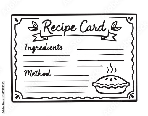Recipe card template with pie sketch, handdrawn border, ingredient and method lines, blank note space, small pie doodle, monochrome line art, vintage cozy stationery vibe for home bakers, printable
