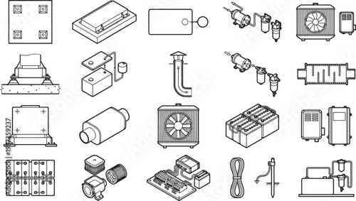 Industrial machine and equipment line art graphic set, ideal for design, illustration, and technical purposes. The clean, modern aesthetic is perfect for various applications.