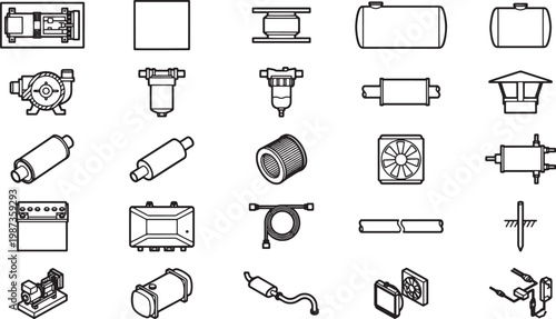 Vector image featuring various automotive and industrial components, a comprehensive collection showcasing parts and elements for design and technical projects.