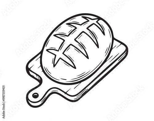 Rustic bread presentation. Homemade country bread displayed on worn chopping block with crumbs. Freshly baked rustic sourdough bread presented on weathered wooden tray surrounded by scattered crumbs