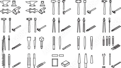 Artisanal tools are meticulously arranged, a black-and-white minimalist design focusing on craftsmanship. A collection of blacksmith tools showcased in a clean outline.