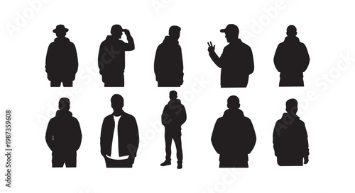 Silhouettes of men wearing hats and hoodies in various poses, diverse urban style for graphic design.