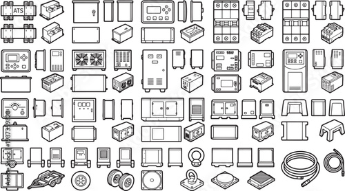 Collection of illustrated electronic components, featuring a diverse array of modular parts in an organized, clear layout, perfect for illustrating technology, industry and electrical design concepts.
