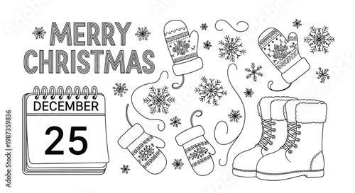 Selection of black and white Christmas themed line art for coloring features mittens, boots, a calendar, and holiday text.