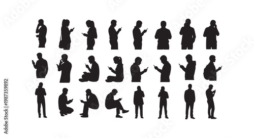 Silhouettes of people using smartphones in various poses outdoors and indoors vector illustration.