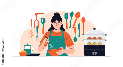 Young woman wearing green apron whisks ingredients in bowl while surrounded by various kitchen utensils and food steamer appliance.