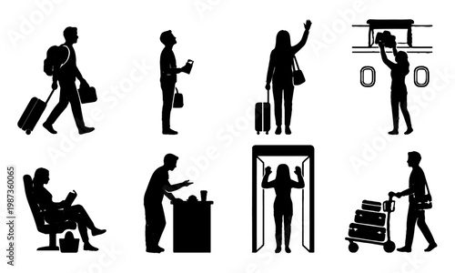 Silhouettes of travelers at an airport engaged in various actions like walking with luggage, passing security, checking monitors, and sitting in the departure lounge.