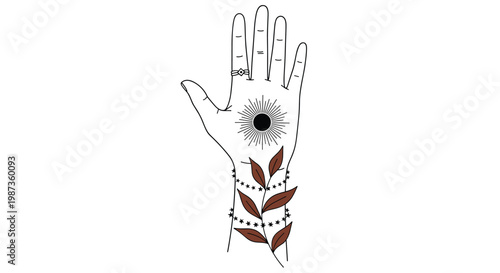 Mystical hand illustration featuring celestial sun symbol, delicate stars around wrist, and botanical leaf vine in black line art style.