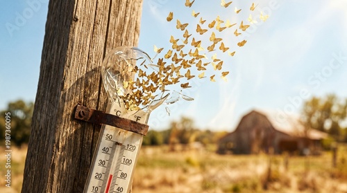 Wallpaper Mural Measuring Temperature Fluctuations with Thermometer on Farm, Rural Landscape, Close-up View of Weather-Related Changes Torontodigital.ca