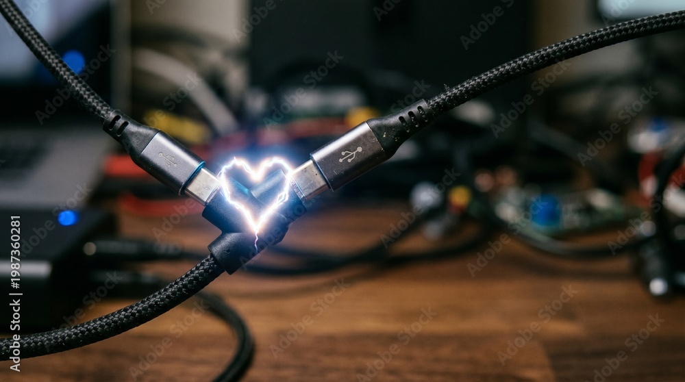 custom made wallpaper toronto digitalHeart-Shaped USB Cables on a Desk, Digital Art Environment, Close-Up View, Modern Innovation Concept