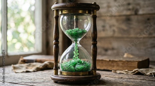 Wallpaper Mural Hourglass with Green Sand in Rustic Setting for Vintage Decor Torontodigital.ca