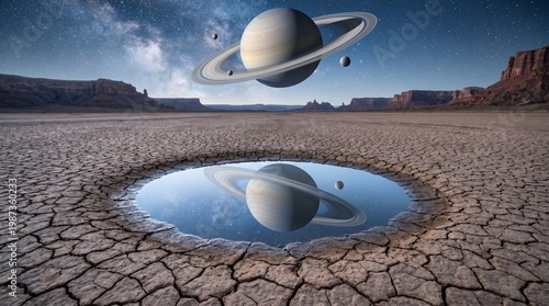 Wallpaper Mural Saturn and Moons Above a Desert Mirage Landscape at Dusk Torontodigital.ca