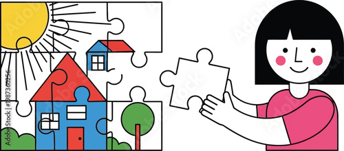 Child building a house puzzle, happy sun, tree, symbolizing home, dreams, and future