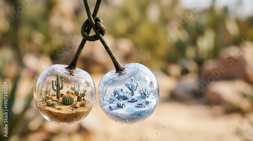 Wallpaper Mural Unique Glass Ornaments Featuring Cacti and Snowy Landscapes in Desert Environment, Detailed Close-up View Torontodigital.ca