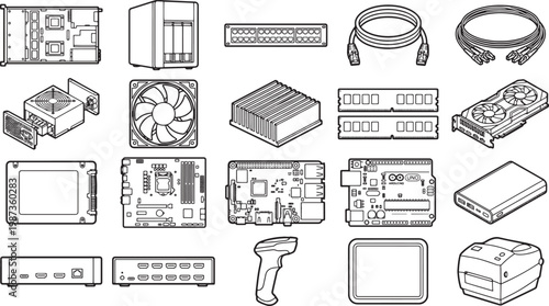 Technological components lay out in a grid pattern. Ideal for tech blogs, educational materials, and presentations focused on computing or the internal workings of devices. 