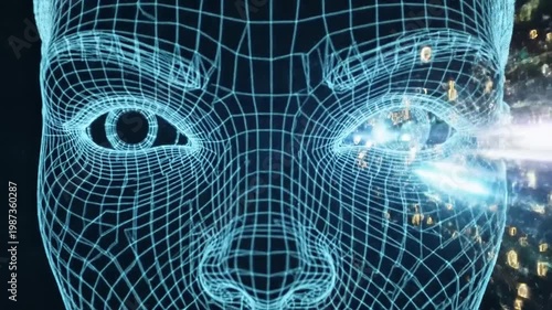 Digital human face with glowing eyes.