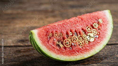Wallpaper Mural Watermelon with Mechanical Gears on Rustic Wood Table Torontodigital.ca