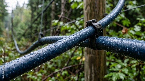Wallpaper Mural Raindrops on Utility Wire, Forest Setting, Nature Photography, Close-Up View, Serene Environment, Water Droplets Concept Torontodigital.ca
