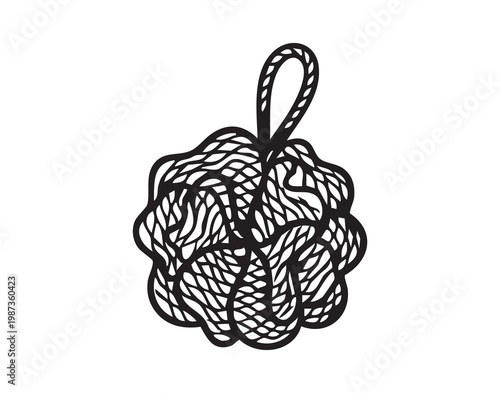 Mesh shower pouf drawn in outline minimalist lineart evokes calm wellness ritual, bathroom accessory hanging on loop, textured mesh suggesting soft foam and gentle exfoliation, versatile icon for spa