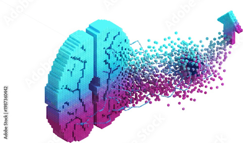 Pixelated brain with particles flowing outwards forming an upward arrow, symbolizing growth, knowledge, and progress