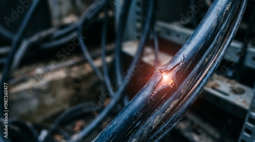 Wallpaper Mural Frayed Cable Sparks Danger in Industrial Setting - Close-Up View of Damaged Wiring Torontodigital.ca