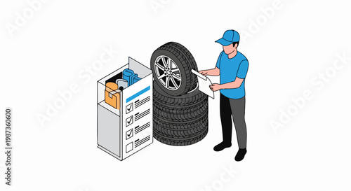 Isometric Vector Illustration of a Mechanic or Warehouse Worker Checking Car Tires with a Checklist and Delivery Box on a White Background