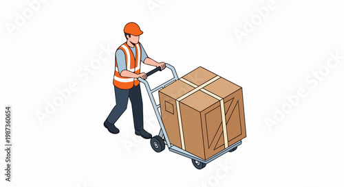 Warehouse Worker in Safety Vest Pushing Hand Truck with Large Cardboard Box - Isometric Vector Illustration of Logistics and Delivery Concept