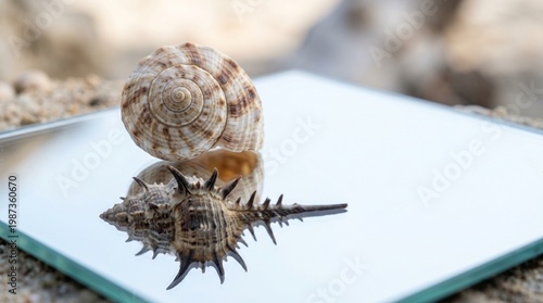 Wallpaper Mural Shells on Mirror, Coastal Beach, Still Life Photography, Calm Environment, Close-Up View, Concept of Beauty Torontodigital.ca