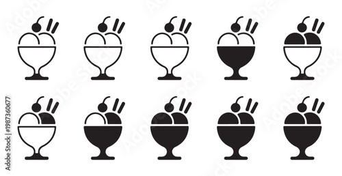 Set of ice cream sundae icons in glass bowls with cherry and wafer sticks, outline and solid vector illustration