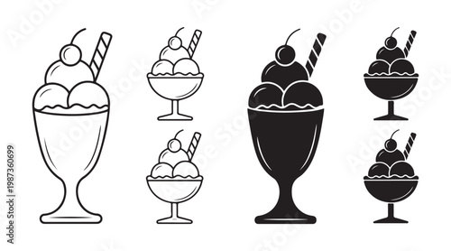 Canvastavla Ice Cream Sundae Icons in Outline and Silhouette Styles
