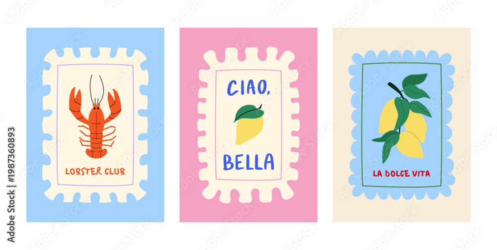Naklejka premium Set of summer posters with lobster, lemons in ruffled frames. Ciao bella and la dolce vita quotes (means hello beautiful and sweet life on italian). Hand drawn vector flat illustration