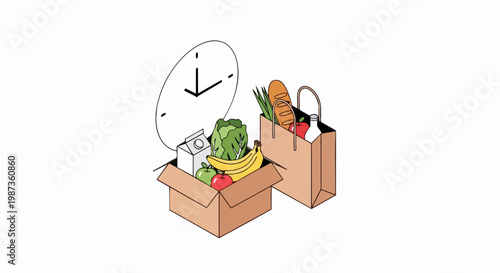 Isometric Grocery Delivery Service Illustration with Fresh Food Box, Paper Bag, and Clock Concept for Fast Online Shopping