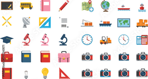 Education and office vector icon set with school supplies transport science tools cameras and business elements flat colorful illustration collection isolated design