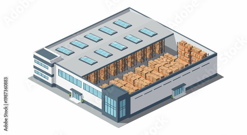 Isometric Warehouse Building and Distribution Center Illustration with Interior Storage Racks and Boxes