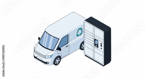 Isometric View of an Eco-Friendly Delivery Van with Recycling Symbol Parked Next to an Automated Parcel Locker Kiosk for Sustainable E-commerce Logistics